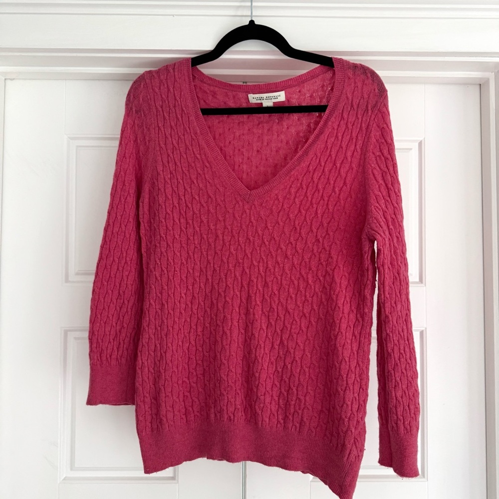 Banana Republic Pink Cable Knit V-Neck Wool Cashmere Sweater, Large